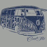 Cool Flo Carter Brothers Bus t-shirt in misty grey featuring a navy vintage camper graphic on the front.