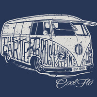 Close-up of the Carter Brothers vintage camper graphic printed in cream on navy blue tee