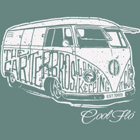 Close-up of the Carter Brothers vintage camper graphic printed in cream on green tee.