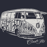 Close-up of the Carter Brothers vintage camper graphic printed on a navy Cool Flo hoody.