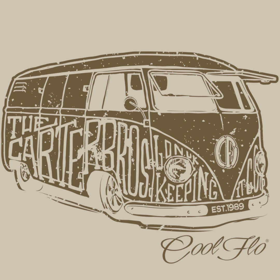 Close-up of the Carter Brothers vintage camper graphic printed on a stone-coloured  Cool Flo hoody.