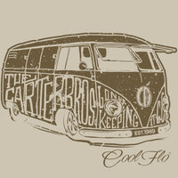 Close-up of the Carter Brothers vintage camper graphic printed on a stone-coloured  Cool Flo hoody.