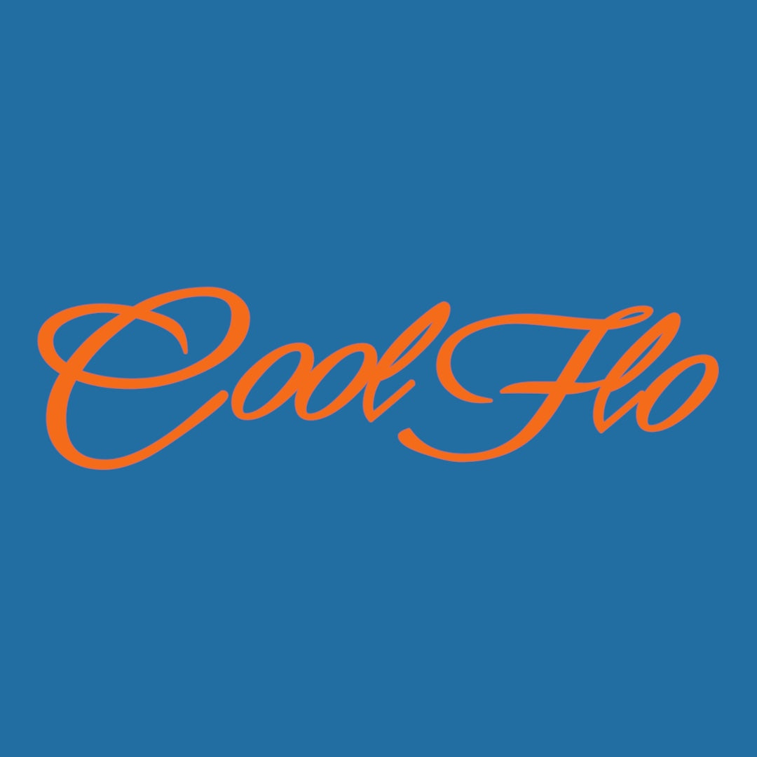 Close up of the Cool Flo Script Logo in orange on a blue t-shirt.
