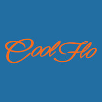 Close up of the Cool Flo Script Logo in orange on a blue t-shirt.