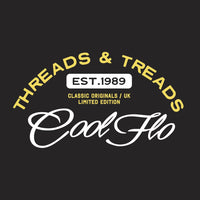 Close-up of the Treads and Treads print in yellow and white on a black hoody.