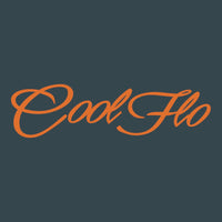 Close up of the Cool Flo Script Logo in orange on teal hoody.