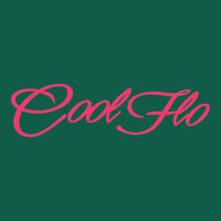 Close up of the Cool Flo Script Logo in fuschia pink on a green t-shirt.