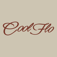 Close up of the Cool Flo Script Logo in burgundy on a stone-coloured hoody.