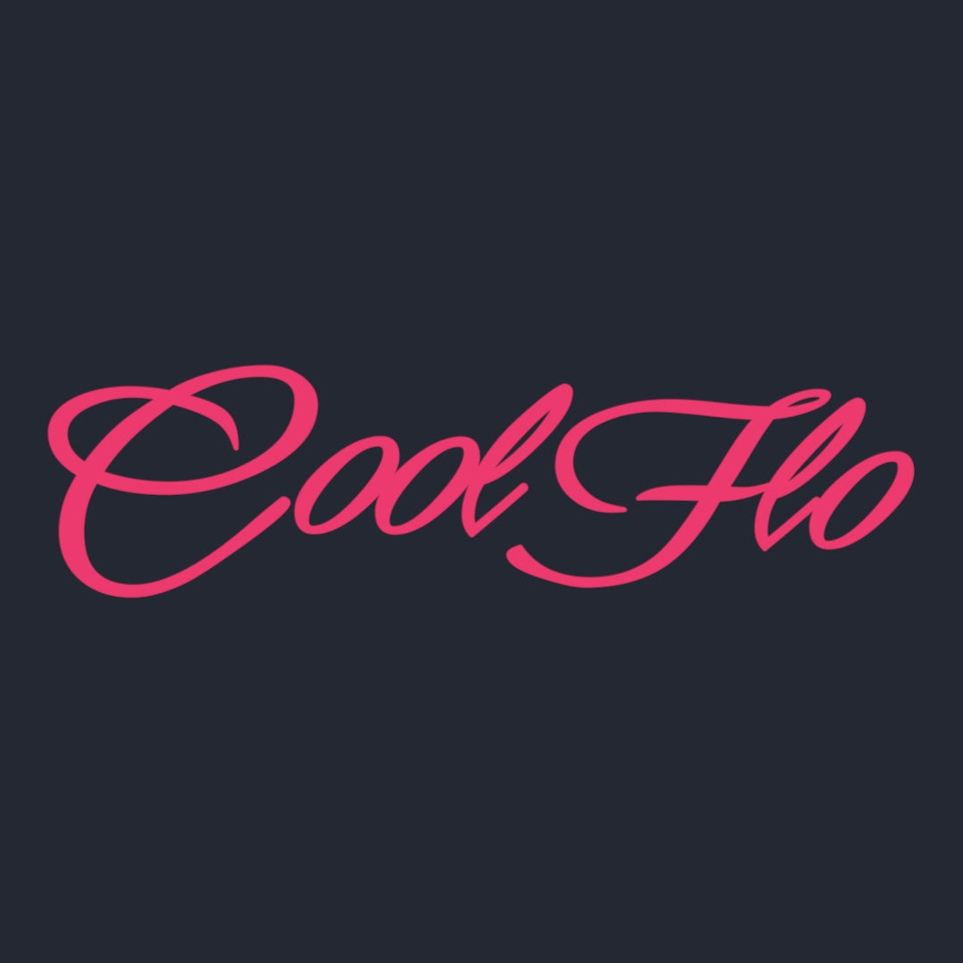 Close up of the Cool Flo Script Logo in fuschia pink on a navy blue hoody.