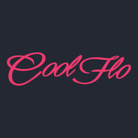 Close up of the Cool Flo Script Logo in fuschia pink on a navy blue hoody.
