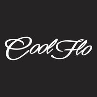 Close up of the Cool Flo Script Logo in white on a black hoody.