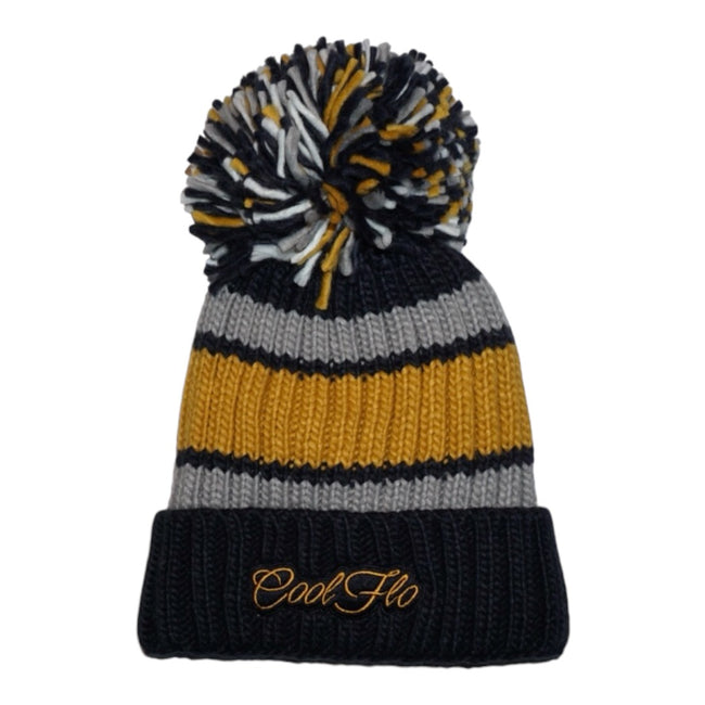 Chunky-knit bobble hat with script logo and large pom pom. Dark blue, grey and yellow.