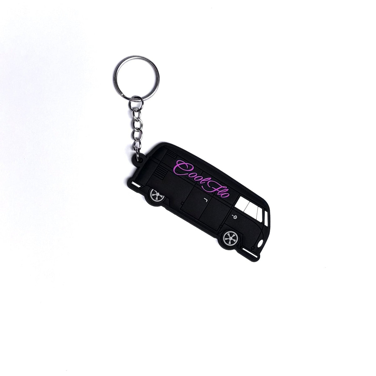 A black rubber van-shaped keychain with a silver split ring and chain, featuring pink script text that reads 'Cool Flo'.