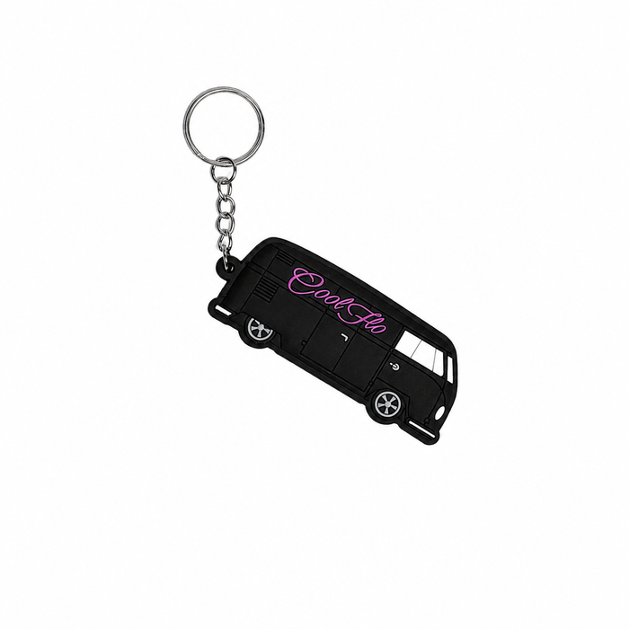 A black rubber van-shaped keychain with a silver split ring and chain, featuring pink script text that reads 'Cool Flo'.