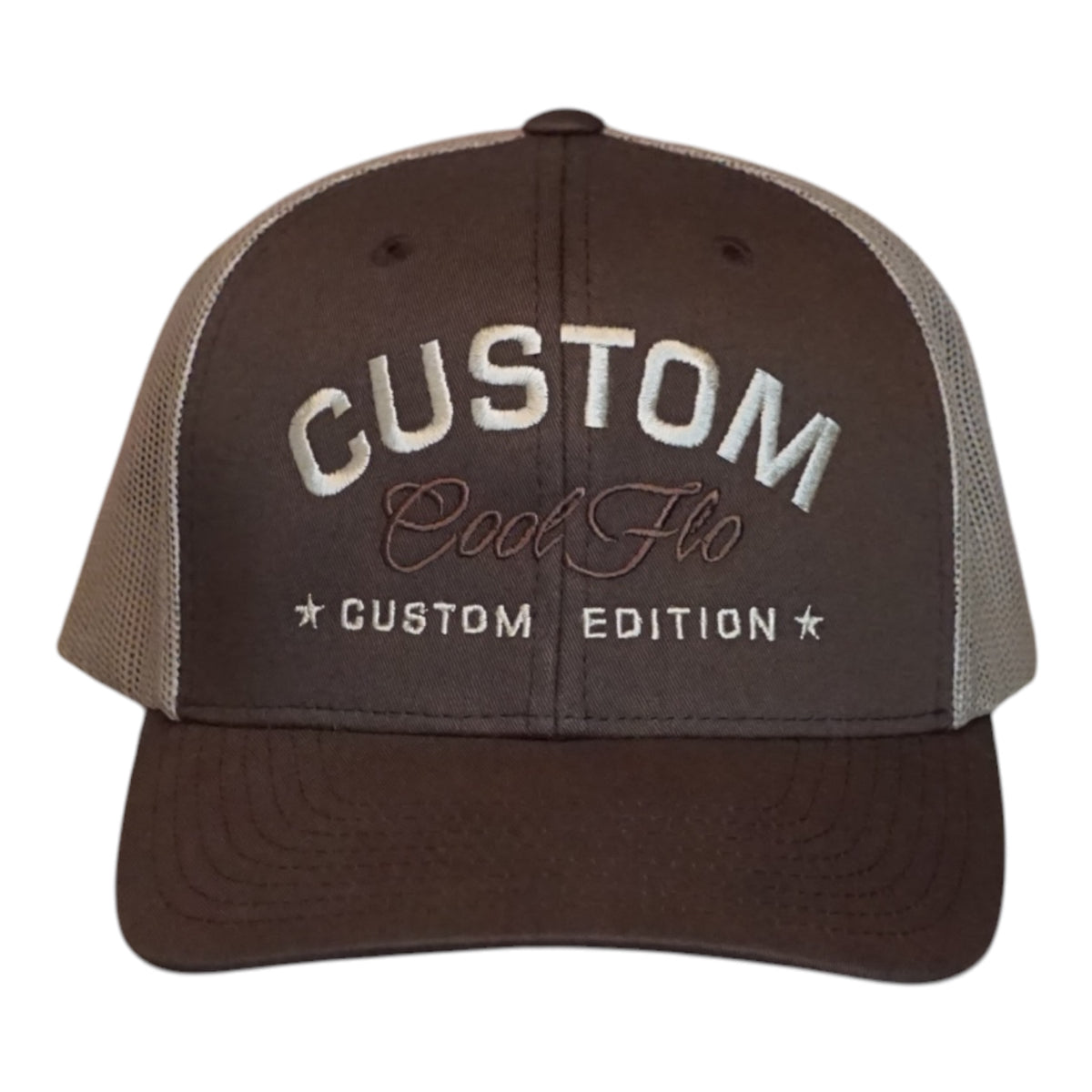 A dark brown custom trucker hat with  khaki mesh side panels. The front features white embroidered text reading 'CUSTOM' with 'Cool Flo' in cursive underneath and 'CUSTOM EDITION' with star accents.