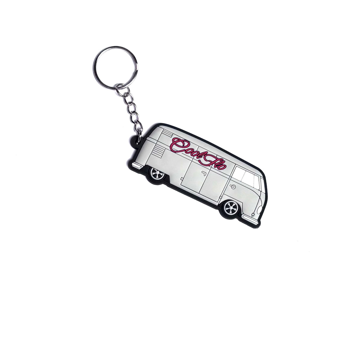 A grey rubber van-shaped keychain with a silver split ring and chain, featuring red script text that reads 'Cool Flo'.