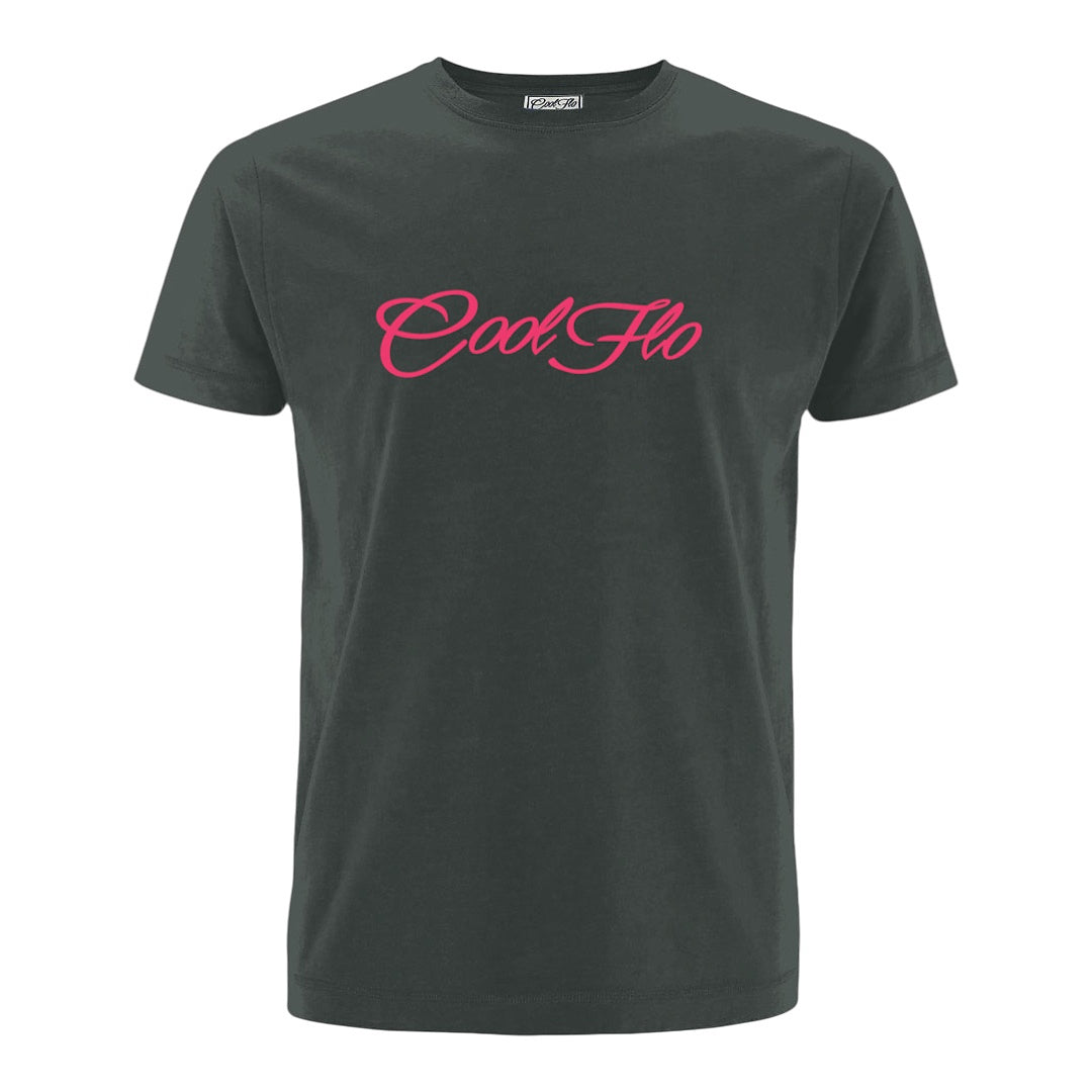 An anthracite grey short-sleeve t-shirt with the 'Cool Flo' script logo printed across the chest in a fuschia pink cursive script.
