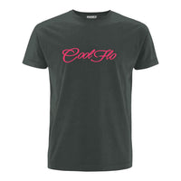 An anthracite grey short-sleeve t-shirt with the 'Cool Flo' script logo printed across the chest in a fuschia pink cursive script.