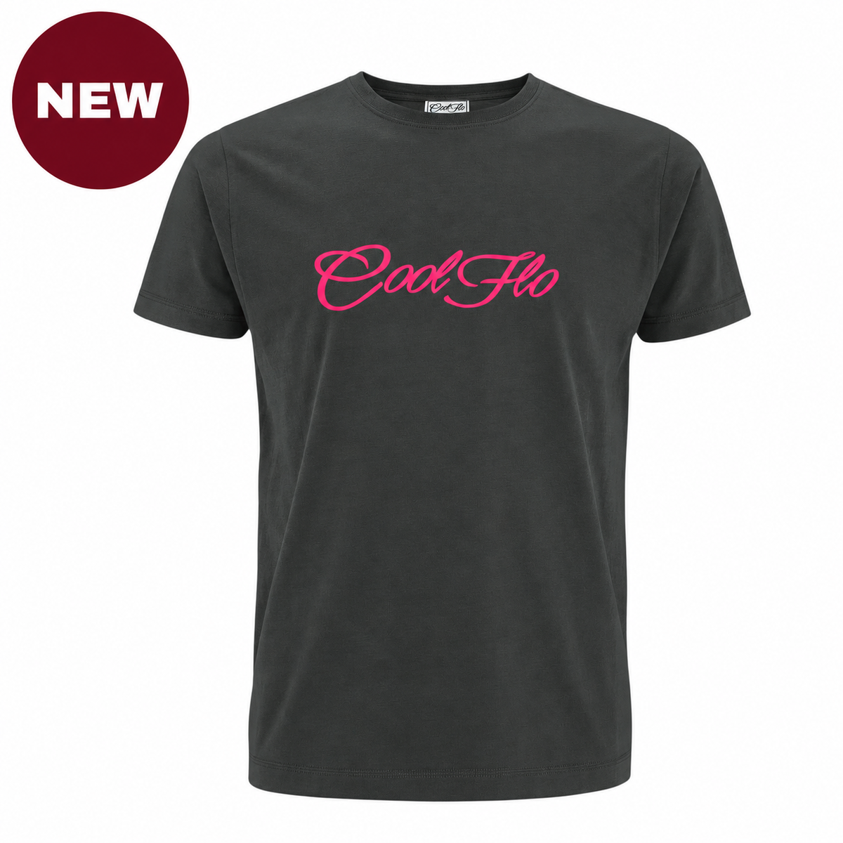 'NEW' Anthracite grey short-sleeve t-shirt with the 'Cool Flo' script logo printed across the chest in a fuschia pink cursive script.