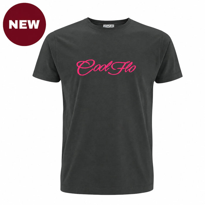 'NEW' Anthracite grey short-sleeve t-shirt with the 'Cool Flo' script logo printed across the chest in a fuschia pink cursive script.