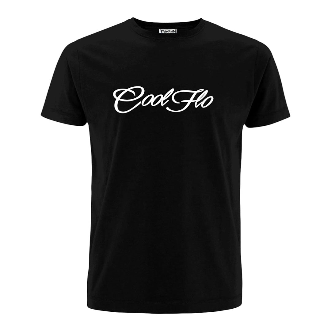 A black short-sleeve t-shirt with the 'Cool Flo' script logo printed across the chest in a white cursive script.