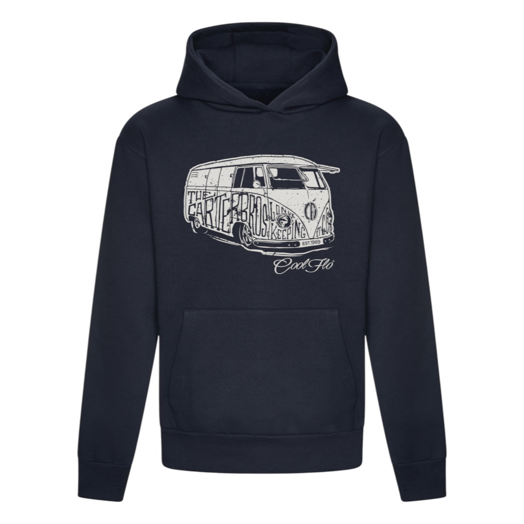 Navy Cool Flo Bus hoody featuring a vintage camper graphic in grey on the front.
