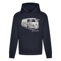 Navy Cool Flo Bus hoody featuring a vintage camper graphic in grey on the front.