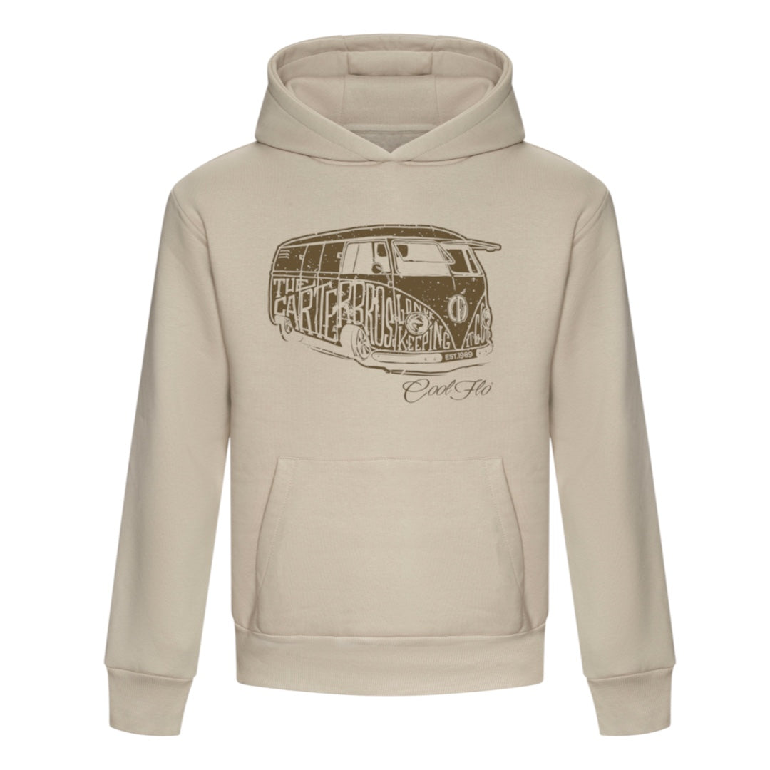 Stone coloured Cool Flo Bus hoody featuring a vintage camper graphic in brown on the front.
