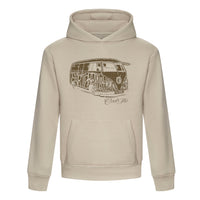 Stone coloured Cool Flo Bus hoody featuring a vintage camper graphic in brown on the front.