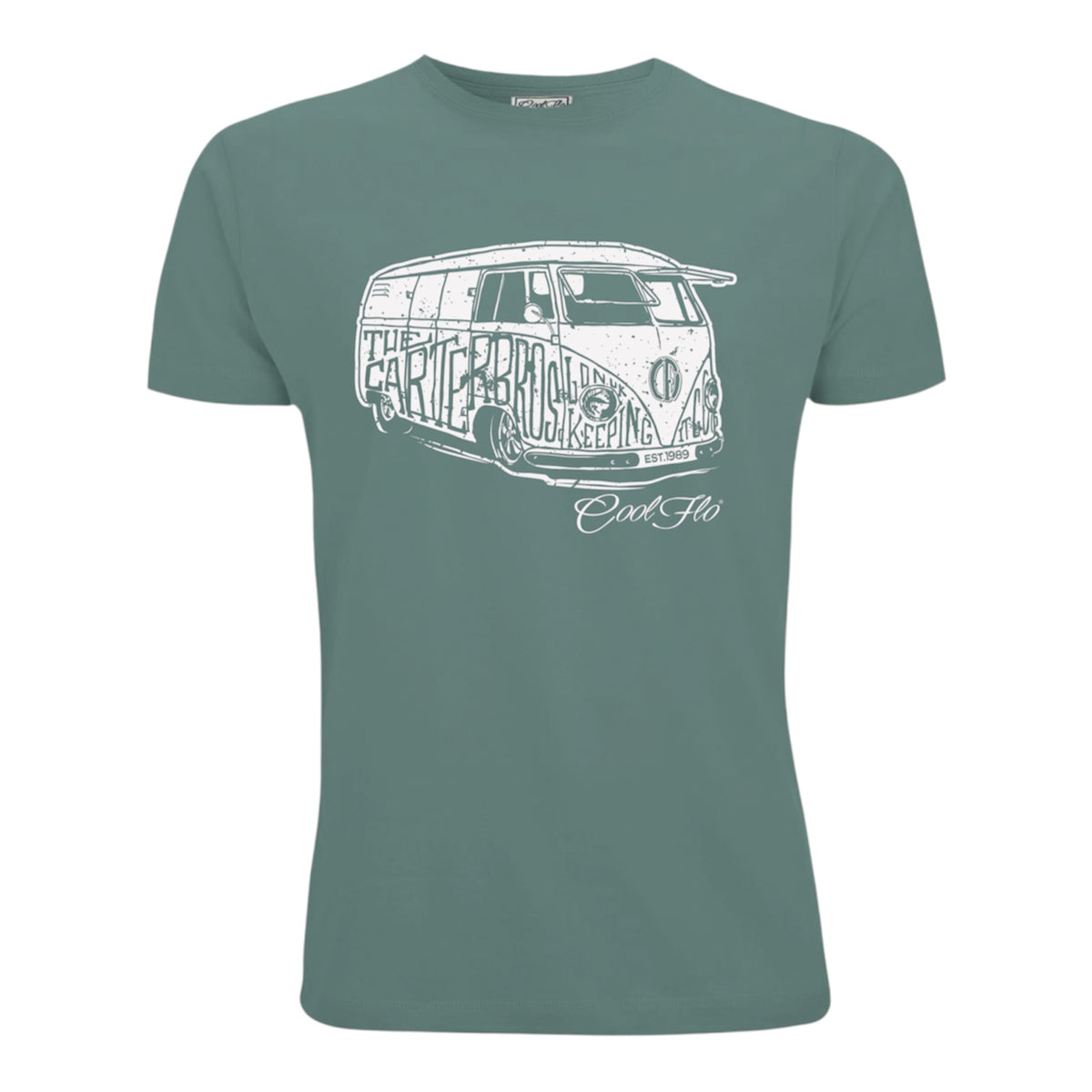Cool Flo Bus T-shirt in green featuring a cream vintage camper graphic on the front.