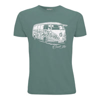 Cool Flo Bus T-shirt in green featuring a cream vintage camper graphic on the front.
