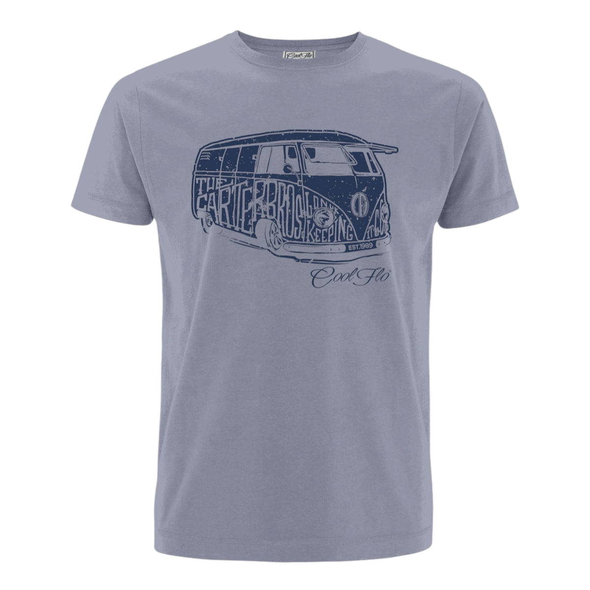 Cool Flo Bus Tee in Misty Grey with a Navy Blue Bus print.