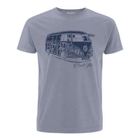 Cool Flo Bus Tee in Misty Grey with a Navy Blue Bus print.