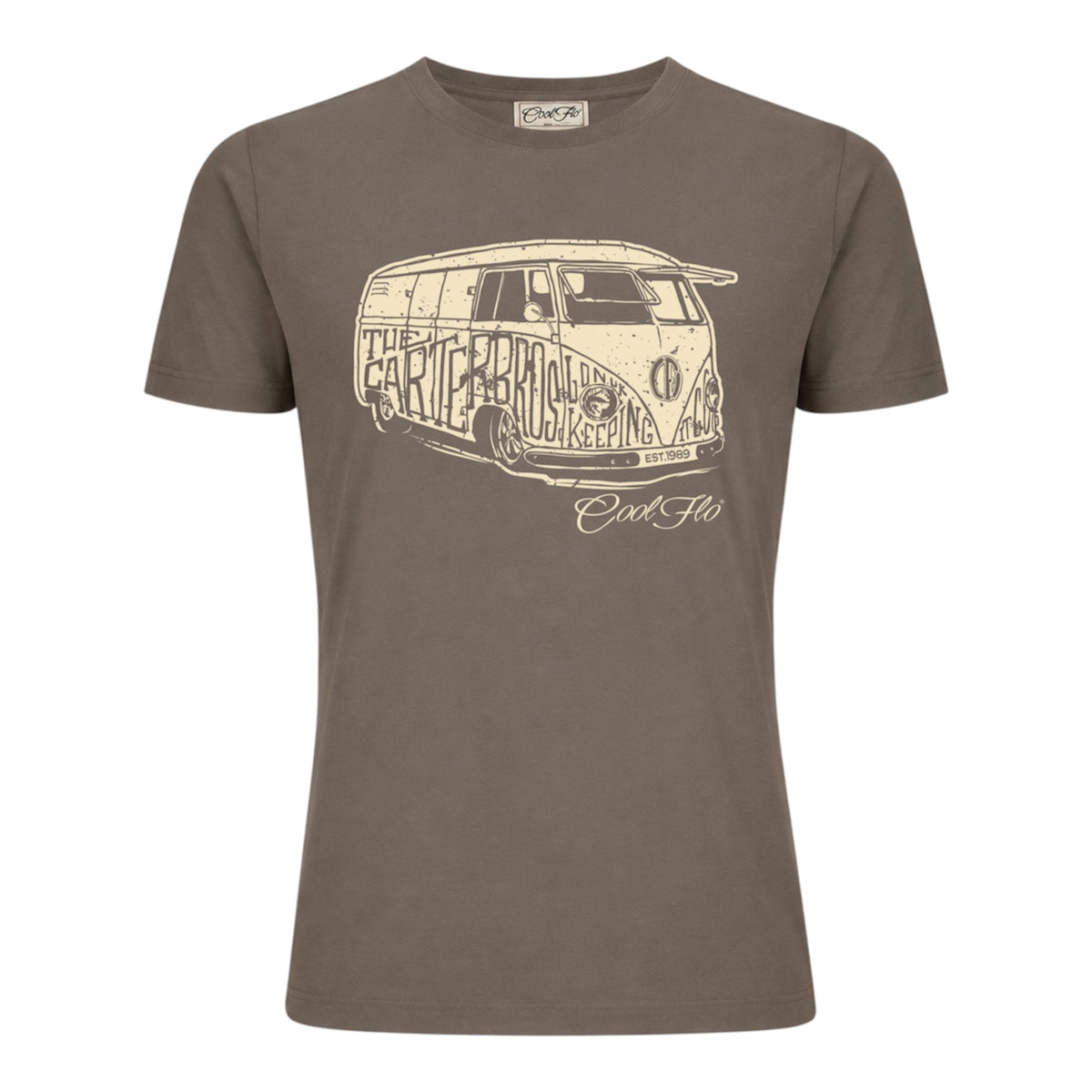 Cool Flo Carter Brothers Bus T-shirt in mocha featuring a cream vintage camper graphic on the front.