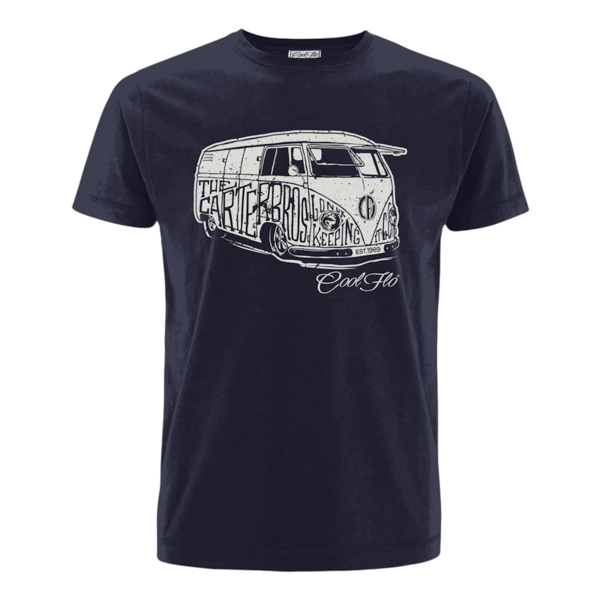 Cool Flo  Bus T-shirt in navy blue featuring a grey vintage camper graphic on the front.