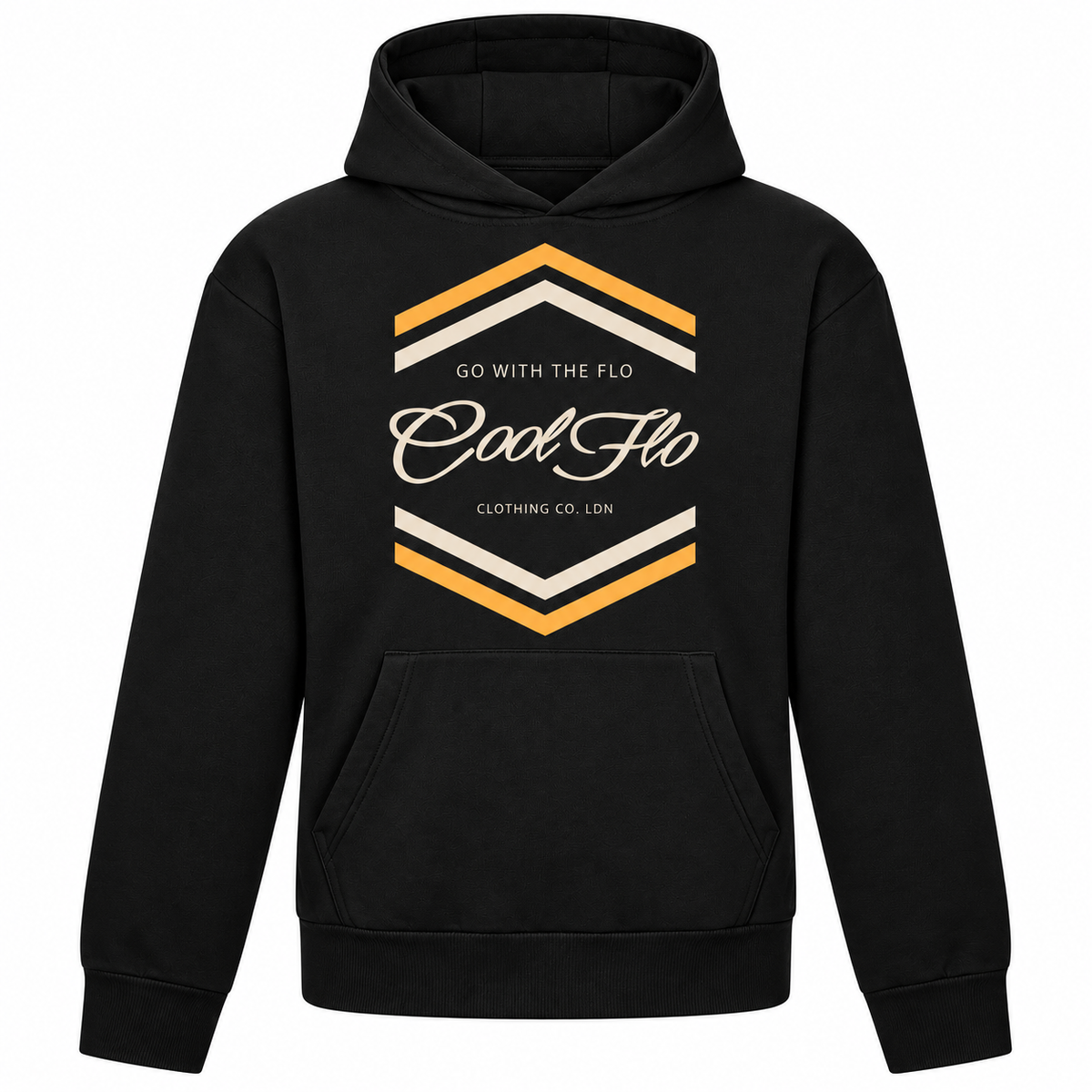 Cool Flo Chevron black hoodie with cream and yellow chest print