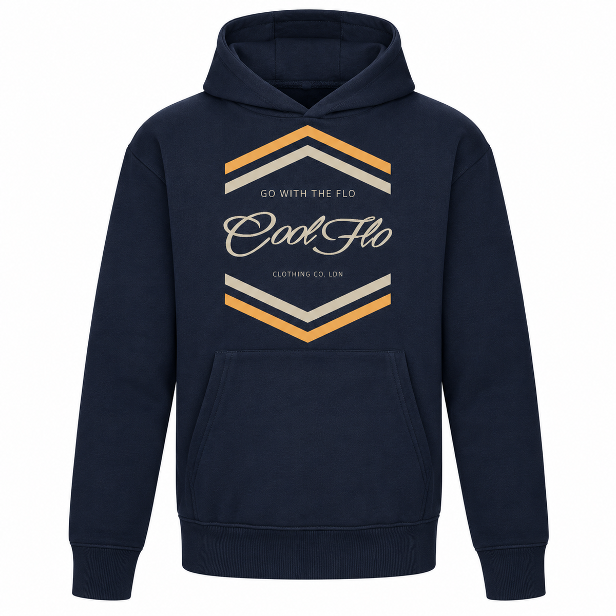 Cool Flo Chevron navy blue hoodie with cream and yellow chest print