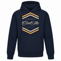 Cool Flo Chevron navy blue hoodie with cream and yellow chest print