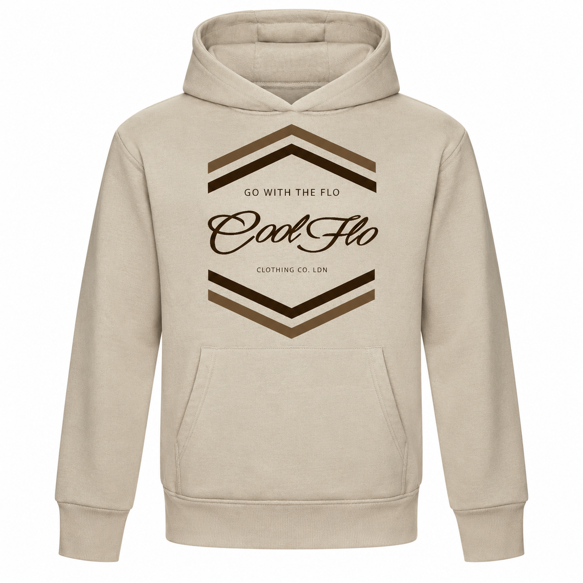 Cool Flo CHEVRON stone hoodie with a bold two-tone brown 'Go With The Flo' chest print.