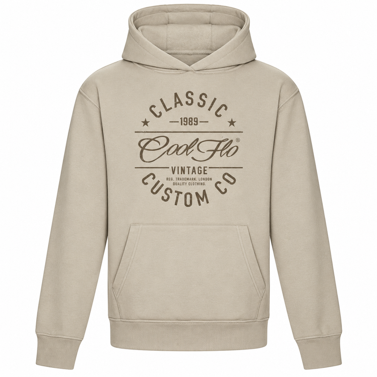 Cool Flo Classic Custom Co stone hoody with dark-brown print design
