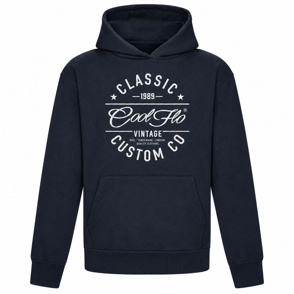 Cool Flo Classic Custom Co navy hoody with bold white print design.