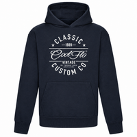 Cool Flo Classic Custom Co navy hoody with bold white print design.