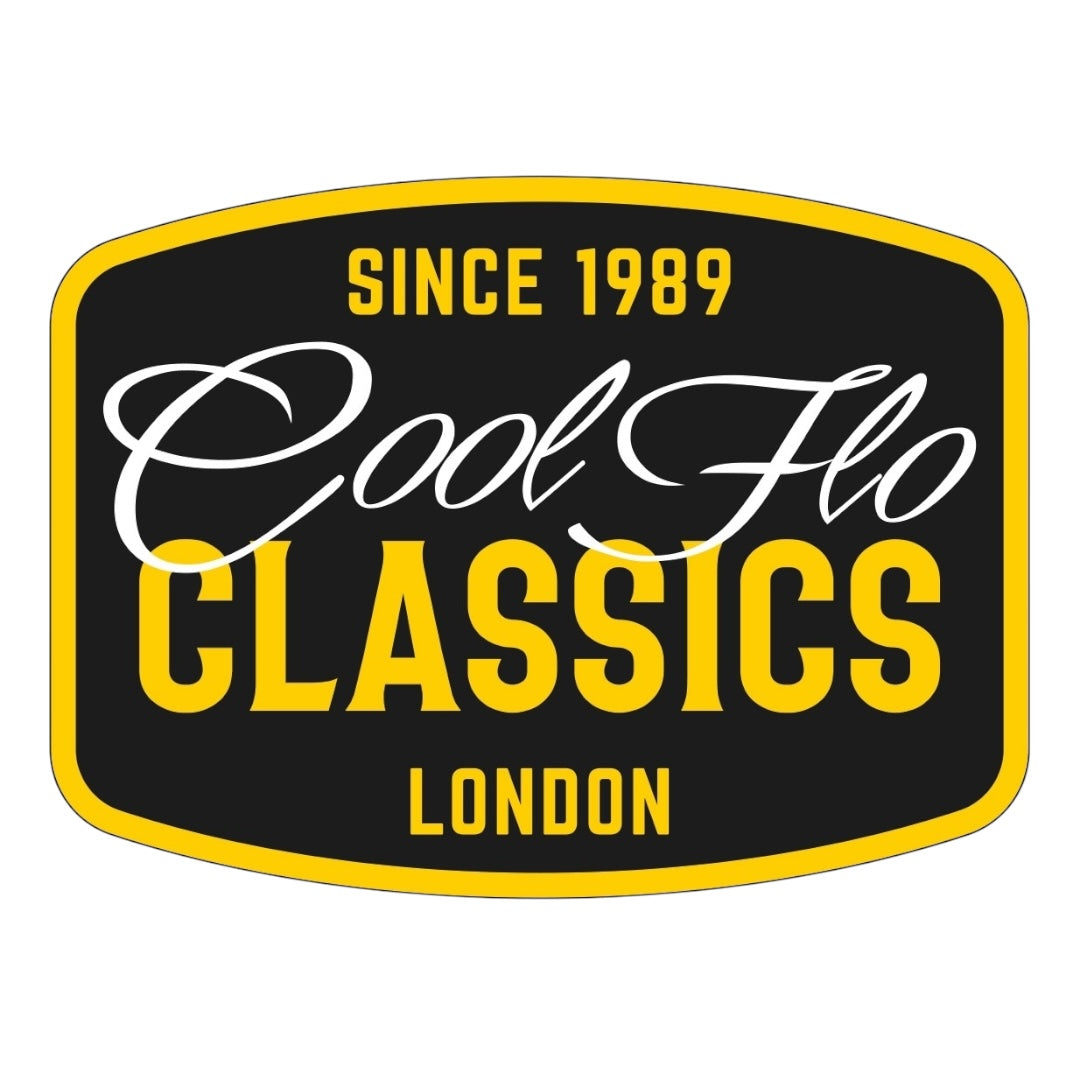 Cool Flo sticker design featuring a white script logo with text 'Since 1989' and 'Classics London' in yellow on a black background.