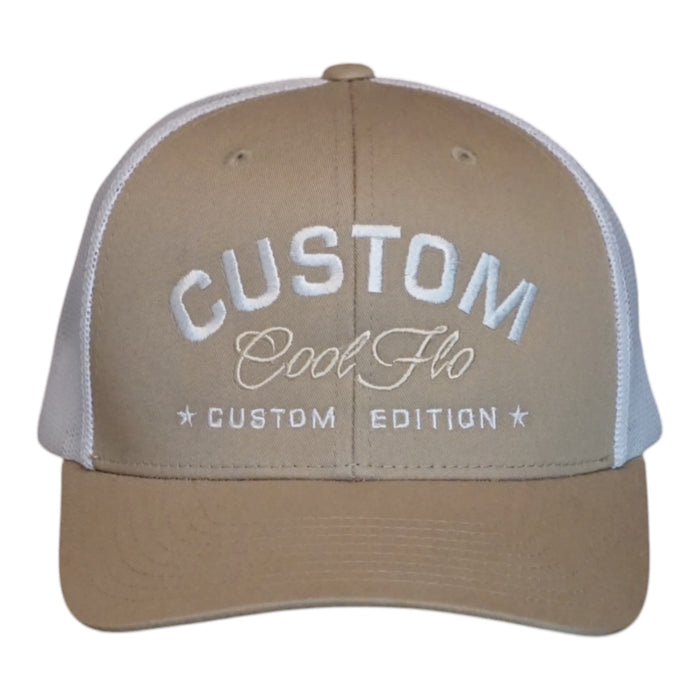 A khaki and white trucker hat with 'CUSTOM Cool Flo CUSTOM EDITION' embroidered on the front in white, shown against a plain white background.