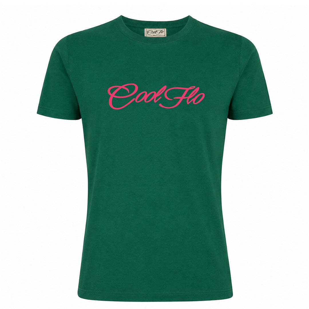 An verdant green short-sleeve t-shirt with the 'Cool Flo' script logo printed across the chest in a fuschia pink cursive script.