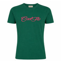 An verdant green short-sleeve t-shirt with the 'Cool Flo' script logo printed across the chest in a fuschia pink cursive script.