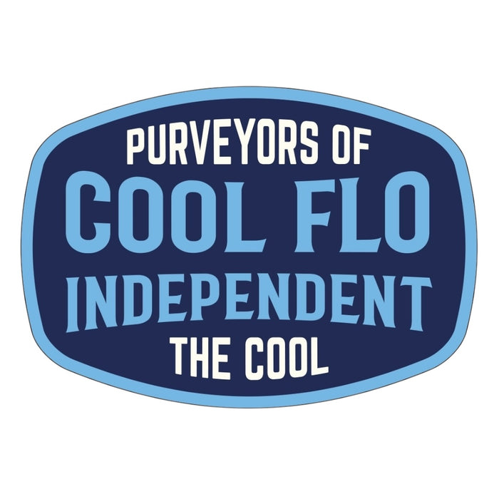 Blue and white badge design with text 'Purveyors of the Cool' and 'Cool Flo Independent' on a navy background.