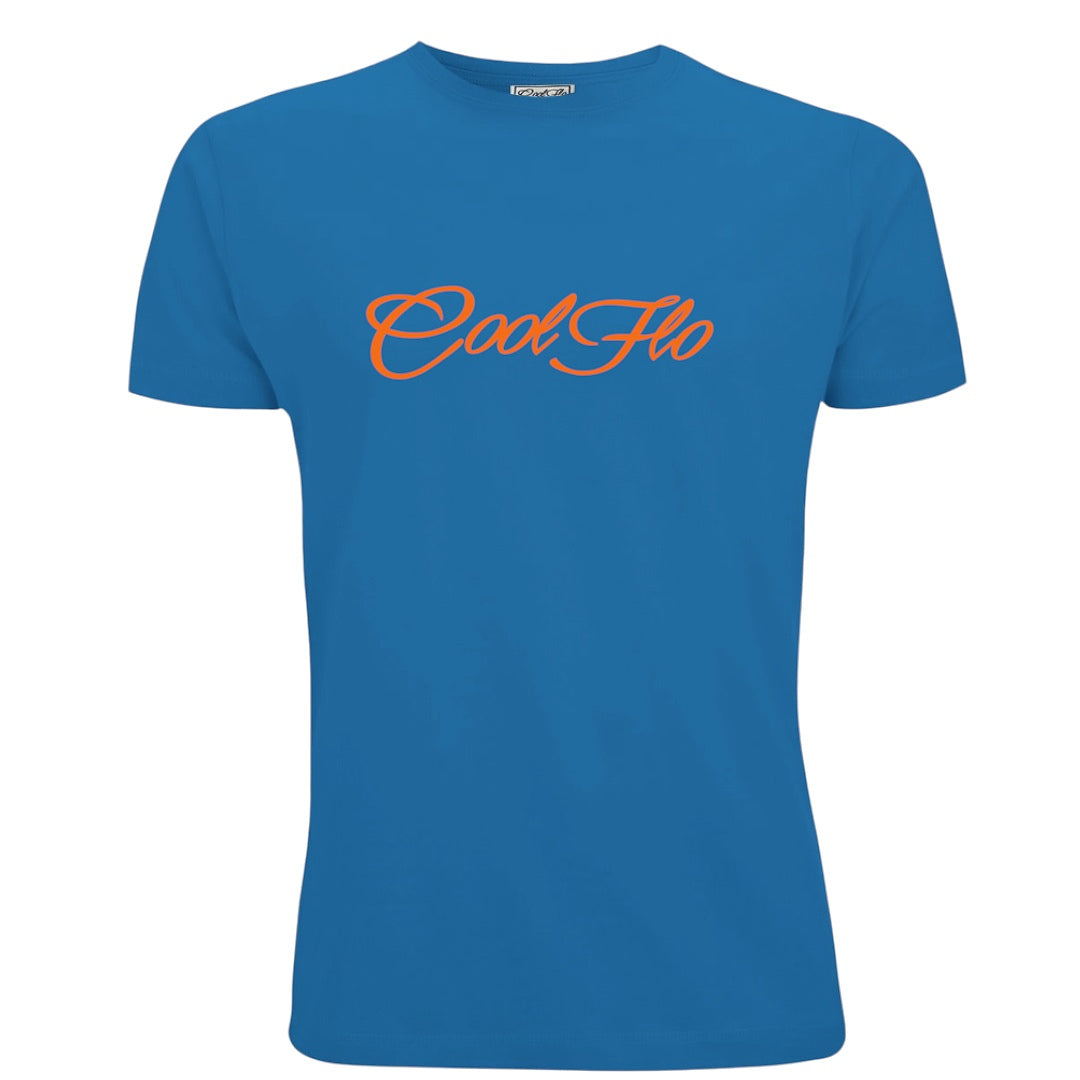 A blue short-sleeve t-shirt with the 'Cool Flo' script logo printed across the chest in an orange cursive script.