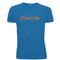 A blue short-sleeve t-shirt with the 'Cool Flo' script logo printed across the chest in an orange cursive script.