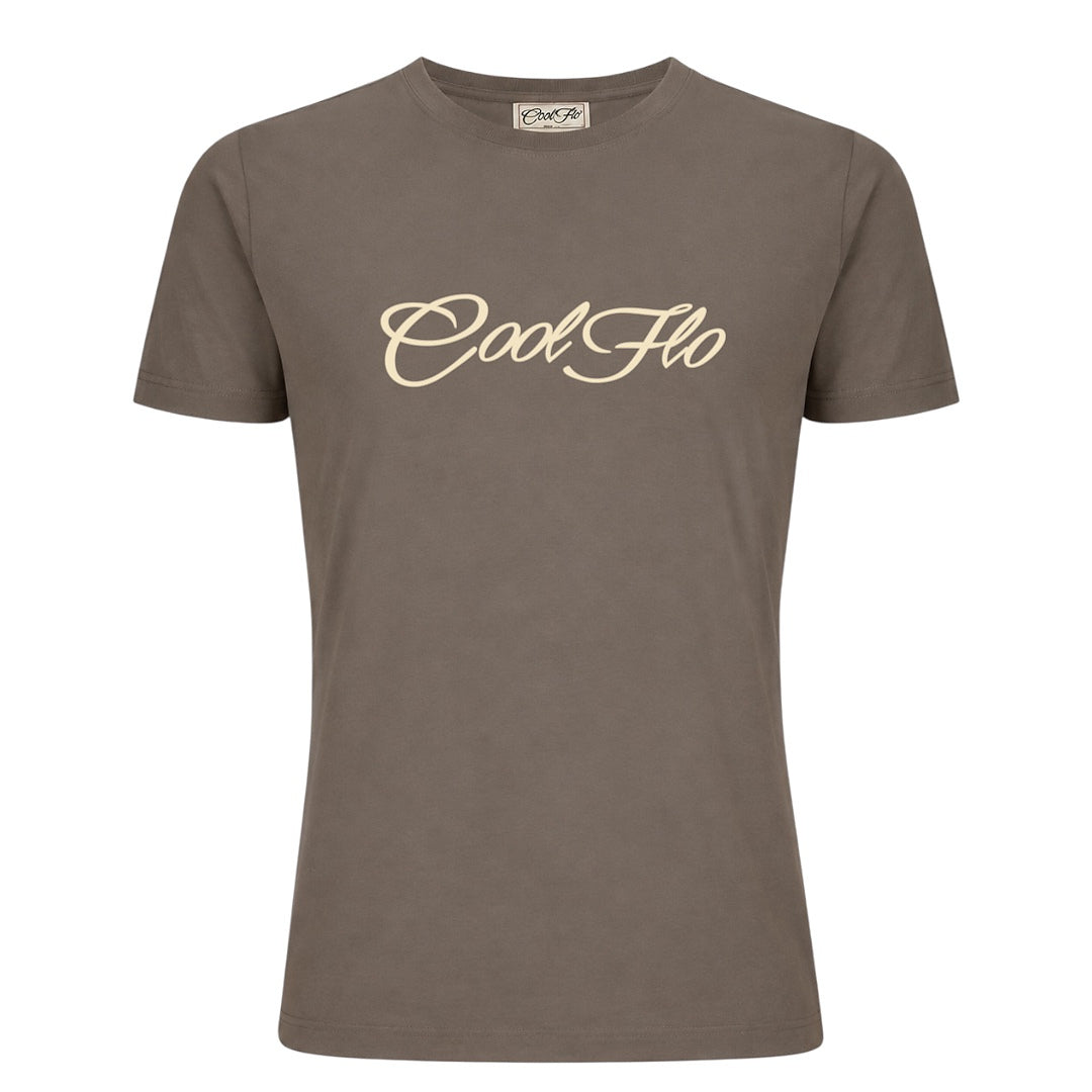 An mocha-brown short-sleeve t-shirt with the 'Cool Flo' script logo printed across the chest in a cream cursive script.
